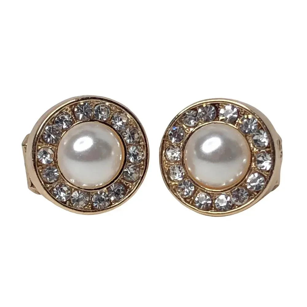 Gold and Pearl Round Pearl Clip-On Stud Earrings